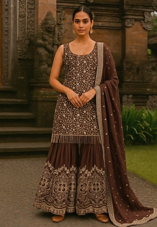 Brown Embroidered Georgette Kurta Sharara Set Anisha Shetty - Fabilicious Fashion