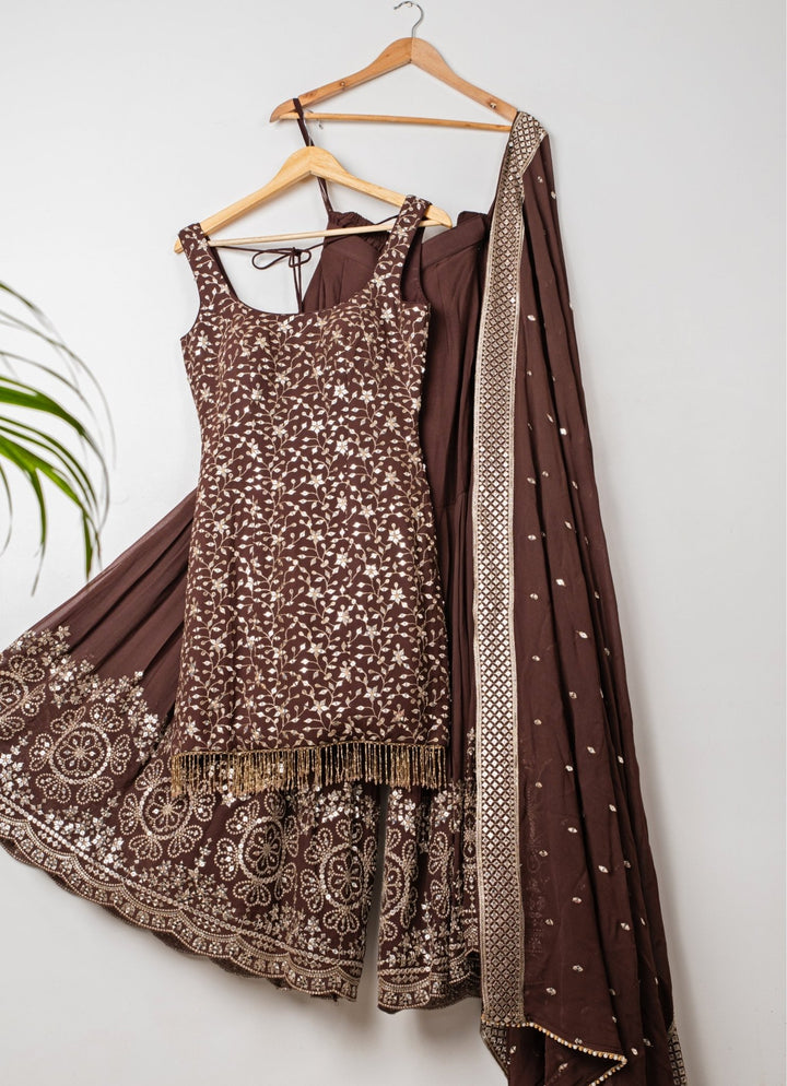 Brown Embroidered Georgette Kurta Sharara Set Anisha Shetty - Fabilicious Fashion