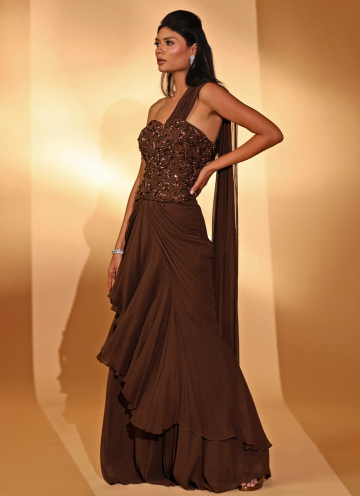 Brown Embroidered Georgette Pre - Draped Saree Kiyohra - Fabilicious Fashion