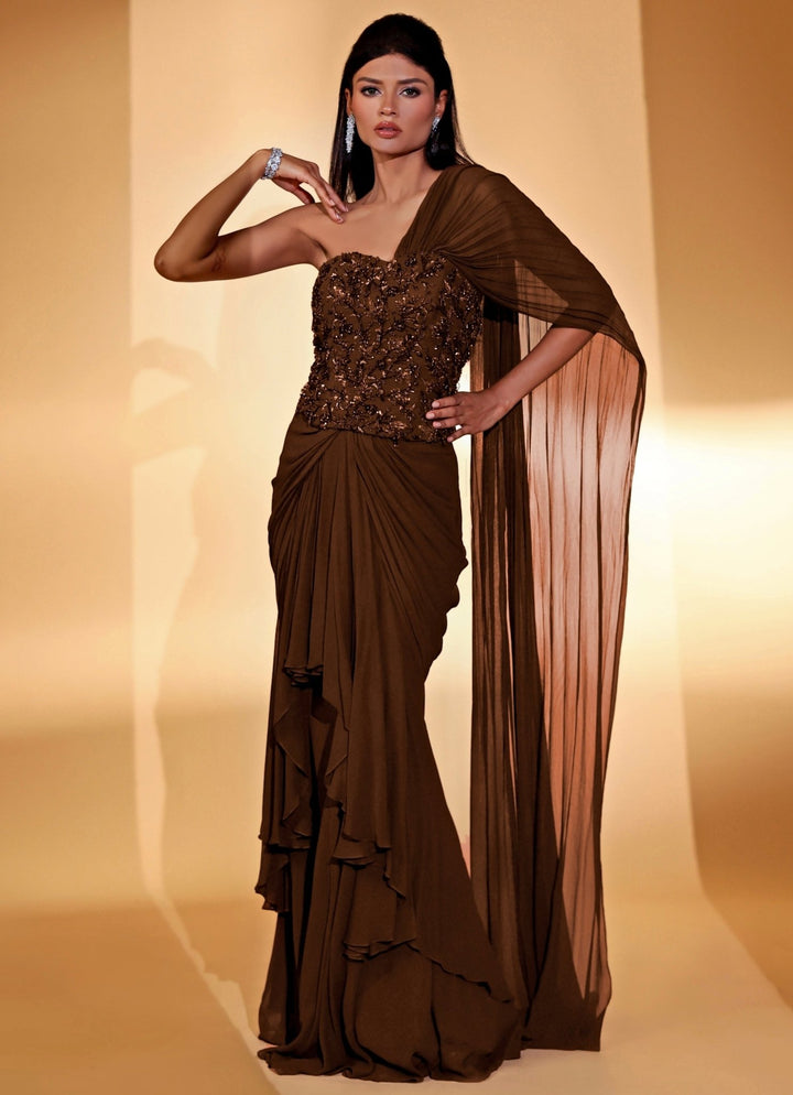 Brown Embroidered Georgette Pre - Draped Saree Kiyohra - Fabilicious Fashion
