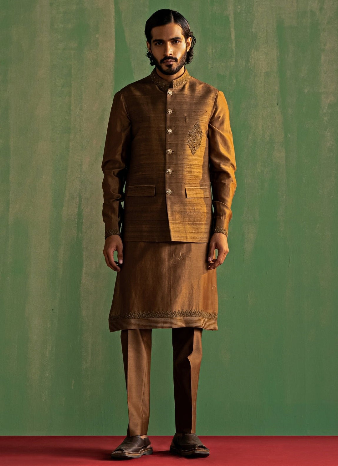 Brown Embroidered Kurta Bundi Set Studio Bagechaa - Men - Fabilicious Fashion