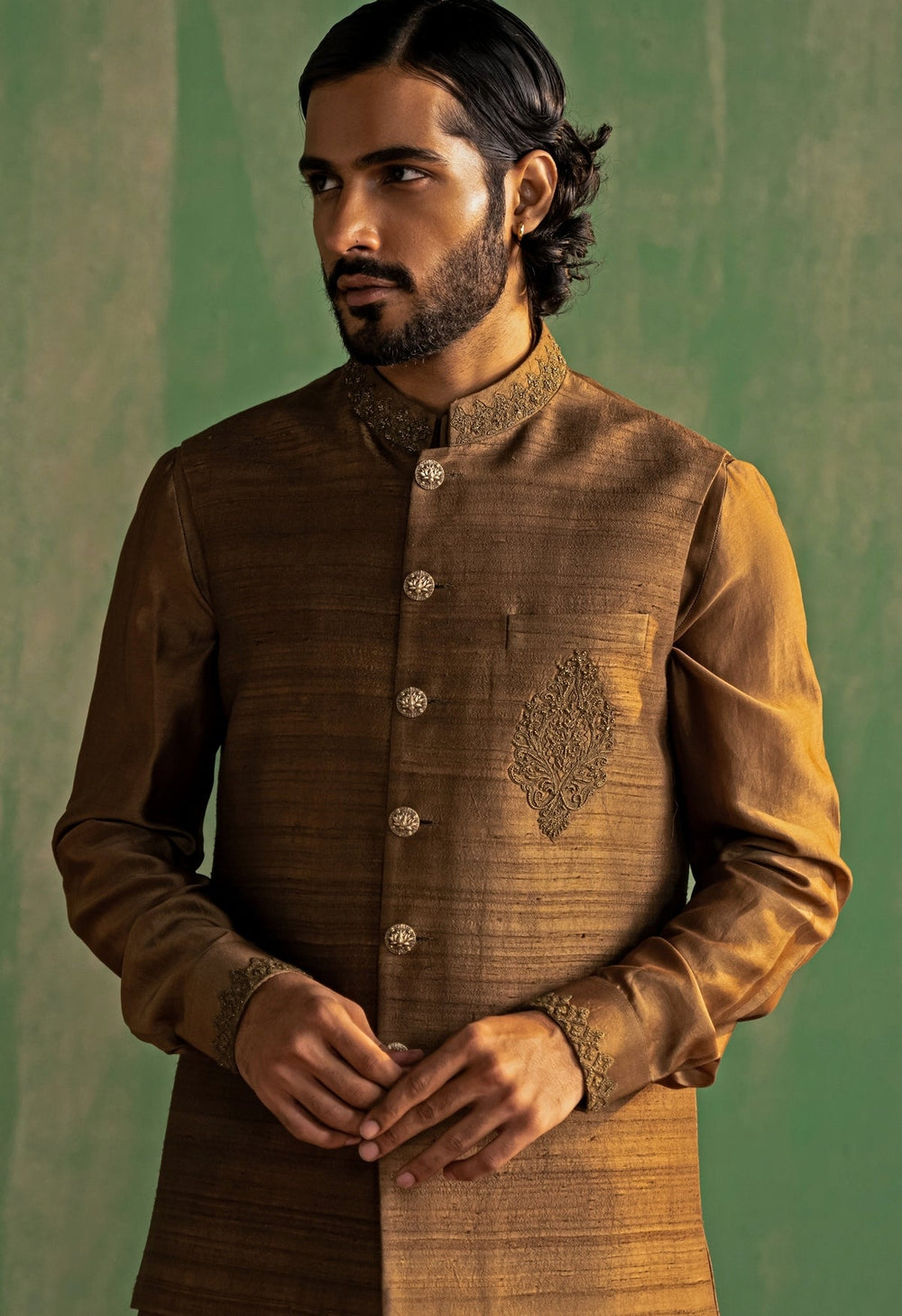 Brown Embroidered Kurta Bundi Set Studio Bagechaa - Men - Fabilicious Fashion