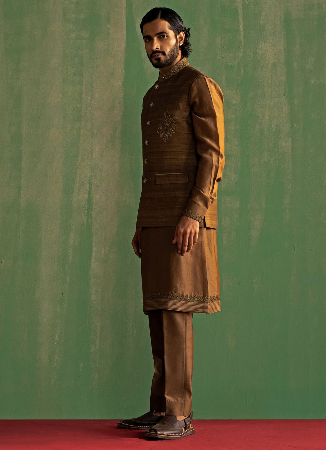 Brown Embroidered Kurta Bundi Set Studio Bagechaa - Men - Fabilicious Fashion