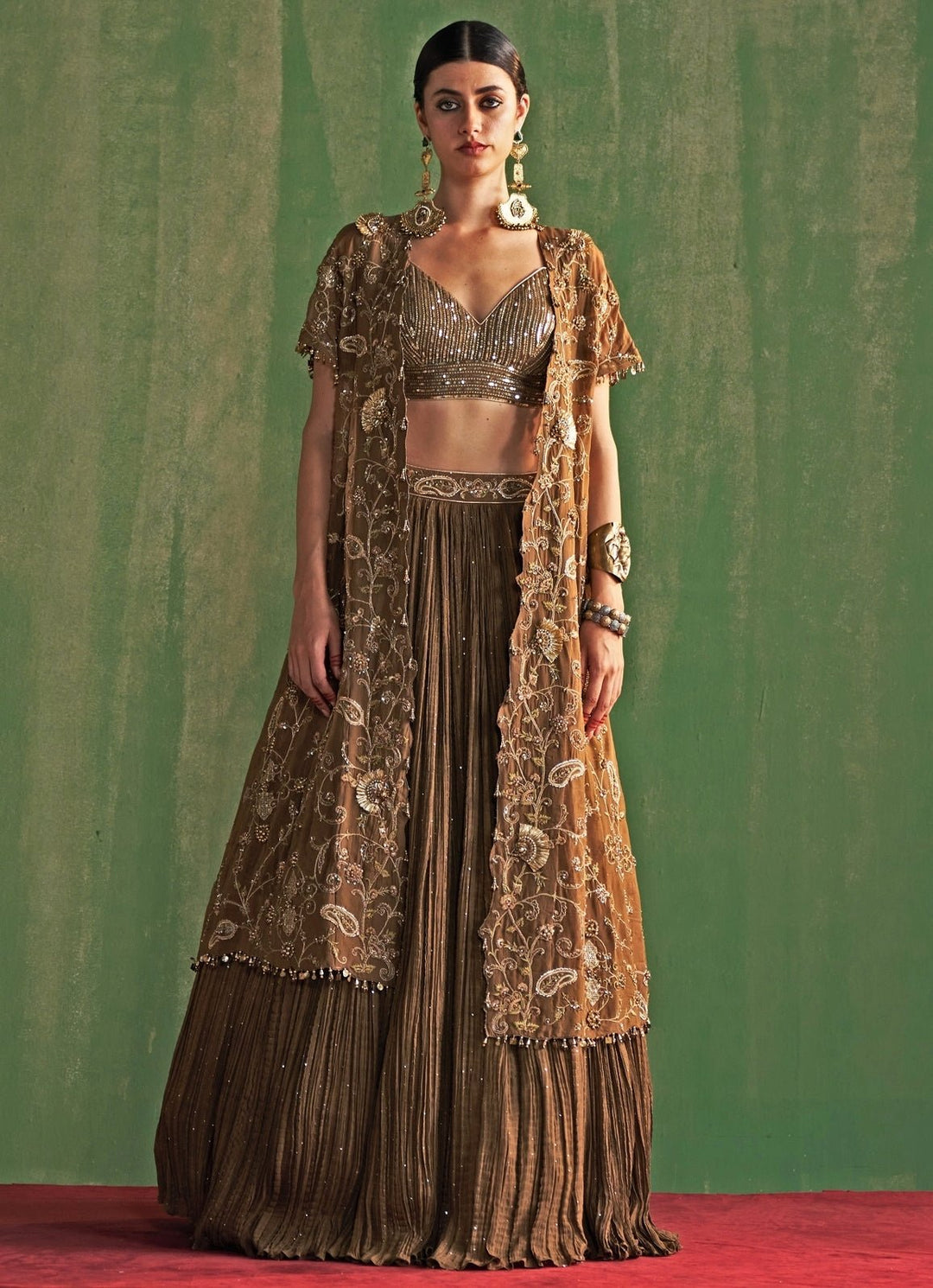 Brown Embroidered Lehenga Set With Cape Studio Bagechaa - Fabilicious Fashion