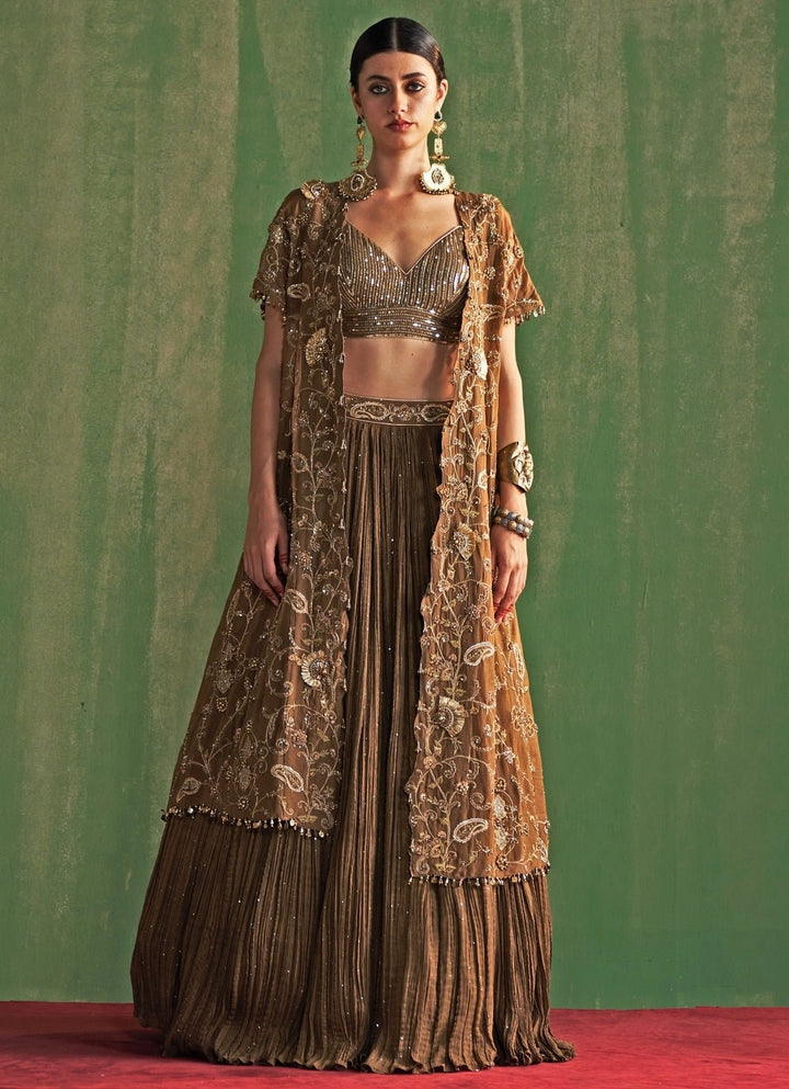 Brown Embroidered Lehenga Set With Cape Studio Bagechaa - Fabilicious Fashion