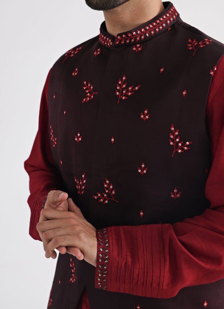 Brown Embroidered Nehru Jacket And Kurta Set Smriti - Fabilicious Fashion
