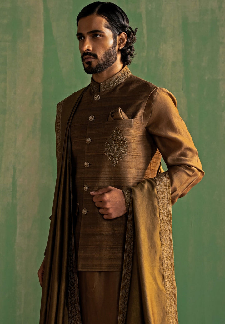 Brown Embroidered Nehru Jacket Set Studio Bagechaa - Men - Fabilicious Fashion