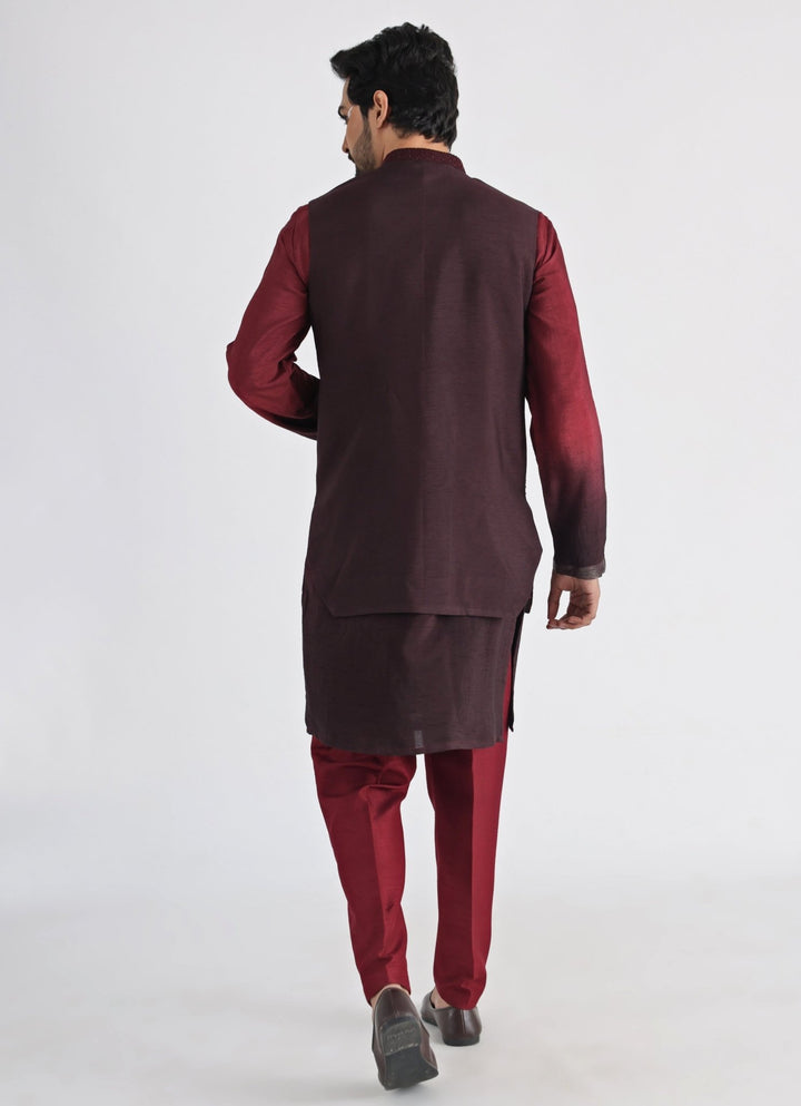 Brown Embroidered Nehru Jacket With Kurta Set Smriti - Fabilicious Fashion