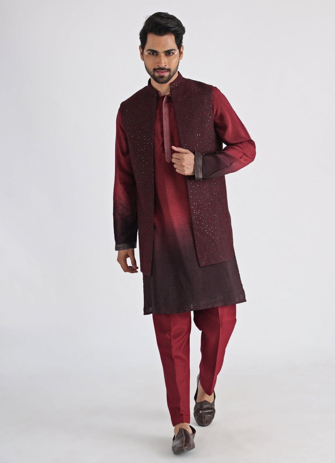 Brown Embroidered Nehru Jacket With Kurta Set Smriti - Fabilicious Fashion