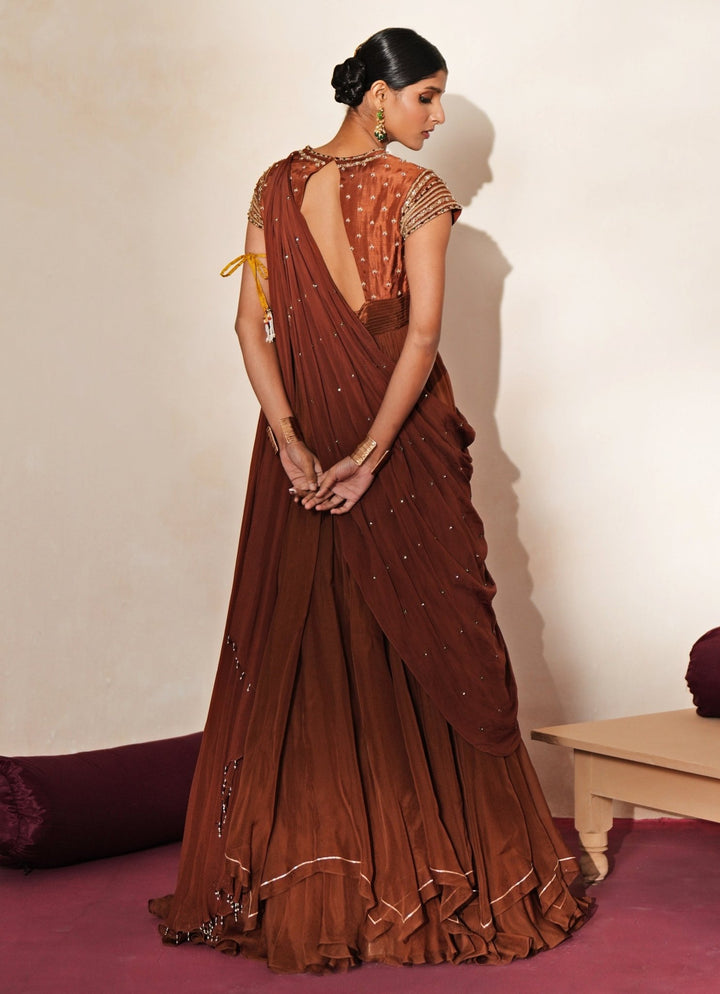 Brown Embroidered Organza Anarkali Skirt Set Isha Gupta Tayal - Fabilicious Fashion
