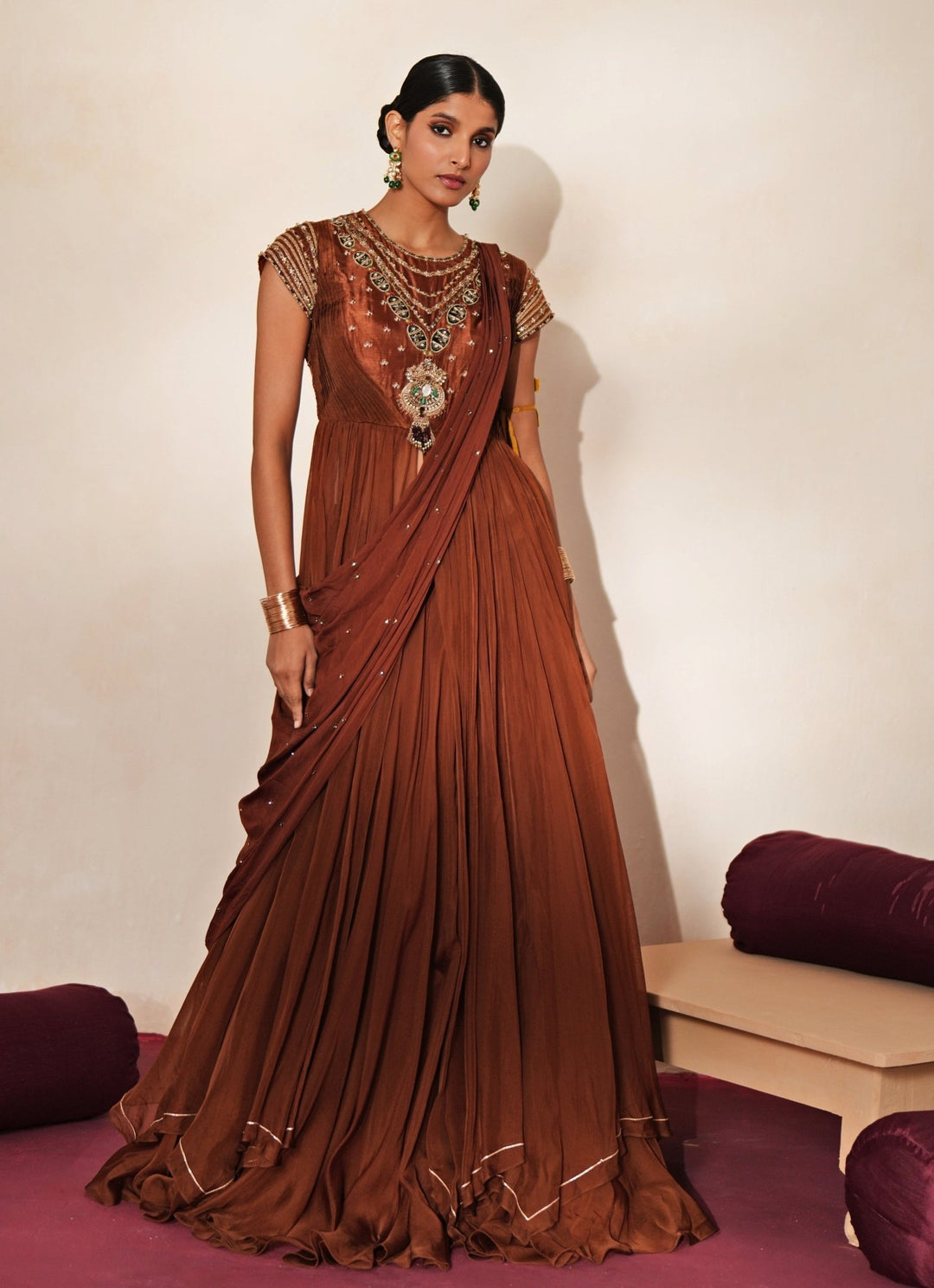 Brown Embroidered Organza Anarkali Skirt Set Isha Gupta Tayal - Fabilicious Fashion
