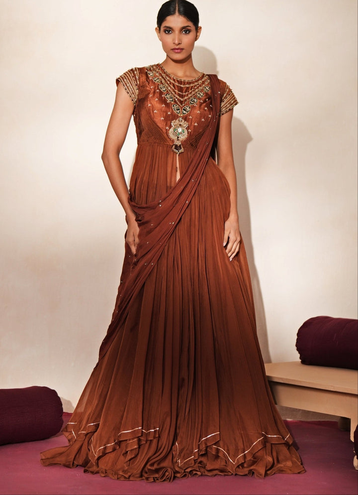 Brown Embroidered Organza Anarkali Skirt Set Isha Gupta Tayal - Fabilicious Fashion