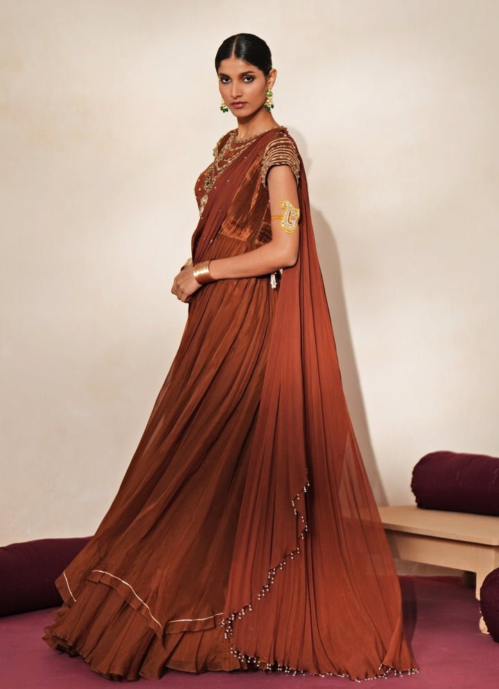 Brown Embroidered Organza Anarkali Skirt Set Isha Gupta Tayal - Fabilicious Fashion