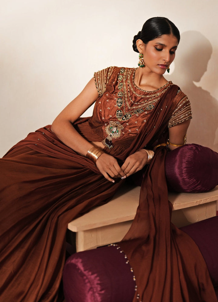 Brown Embroidered Organza Anarkali Skirt Set Isha Gupta Tayal - Fabilicious Fashion