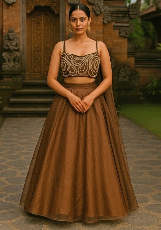 Brown Embroidered Organza Lehenga Anisha Shetty - Fabilicious Fashion
