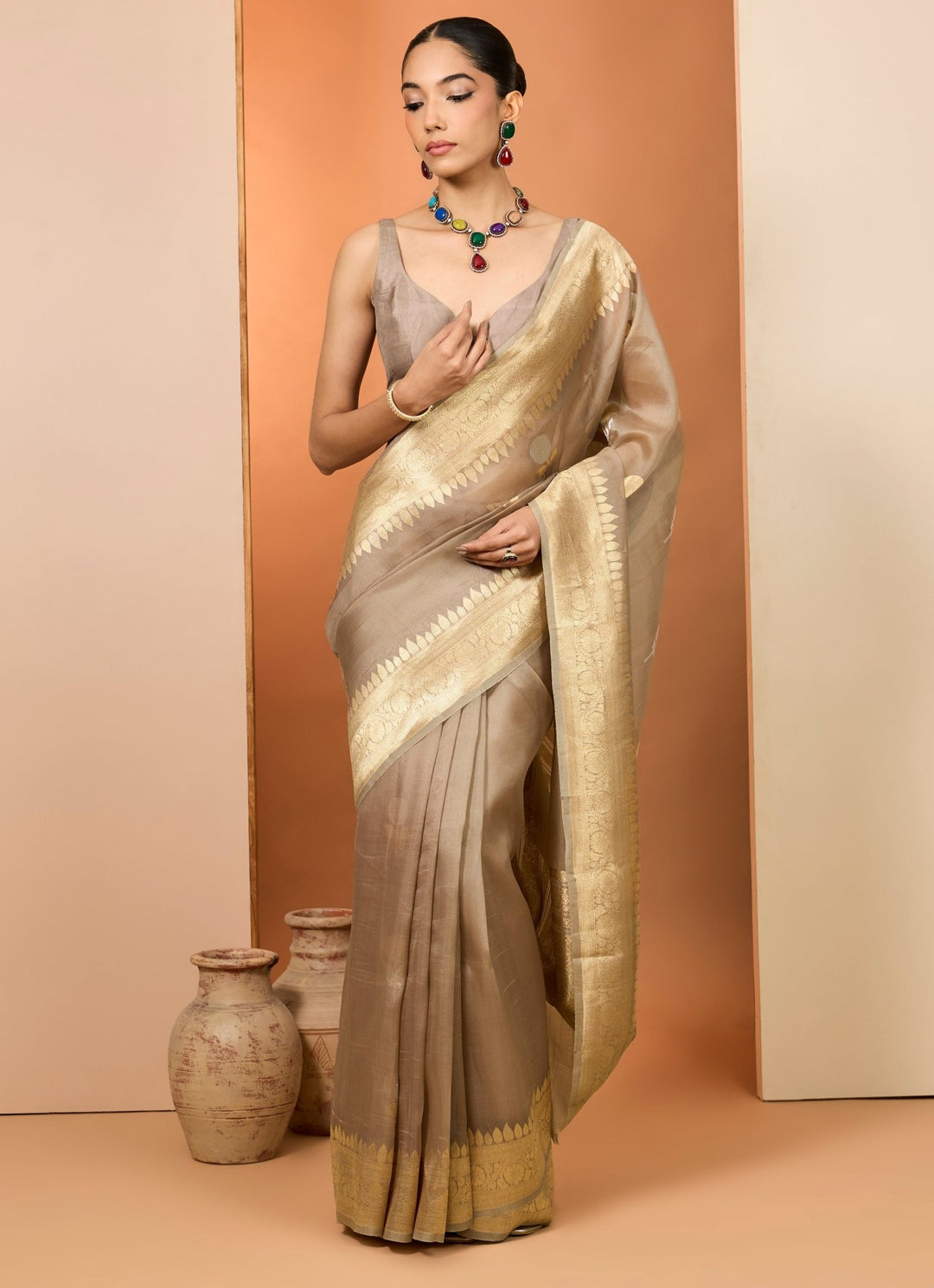 Brown Embroidered Organza Saree Set Neha Khullar - Fabilicious Fashion