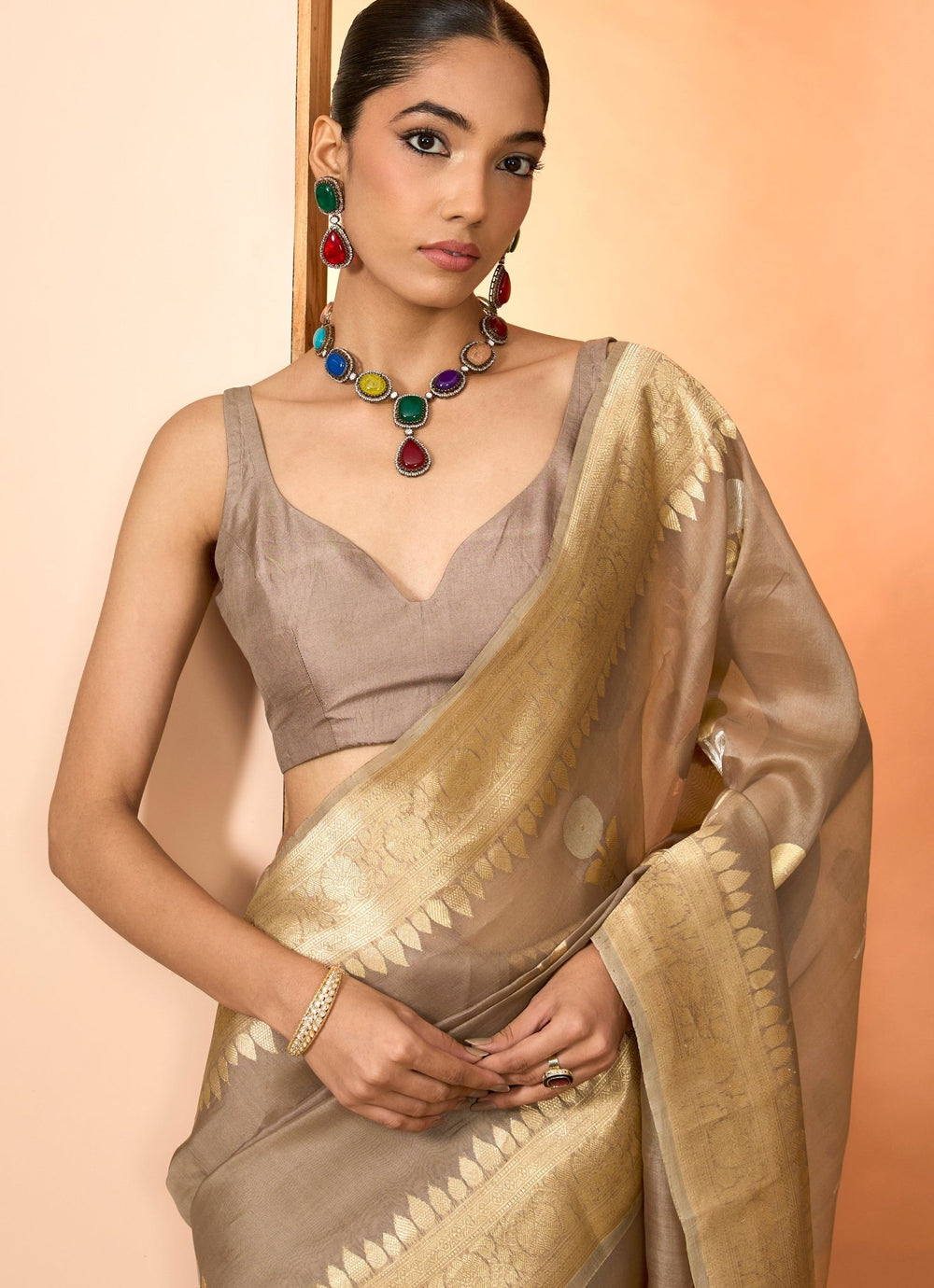Brown Embroidered Organza Saree Set Neha Khullar - Fabilicious Fashion