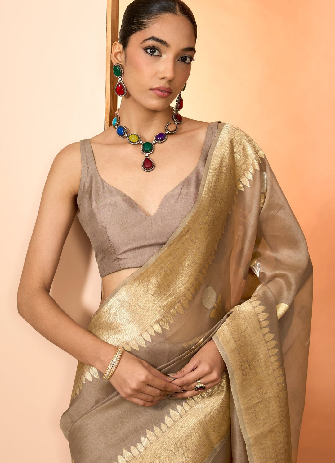 Brown Embroidered Organza Saree Set Neha Khullar - Fabilicious Fashion