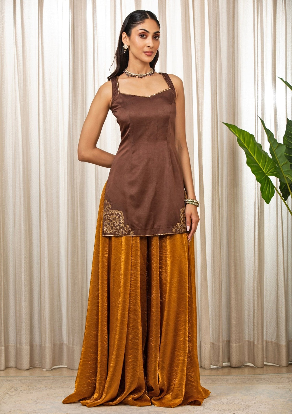 Brown Embroidered Satin Kurta Sharara Set Esha Koul - Fabilicious Fashion