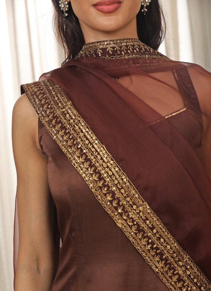 Brown Embroidered Satin Kurta Sharara Set Esha Koul - Fabilicious Fashion