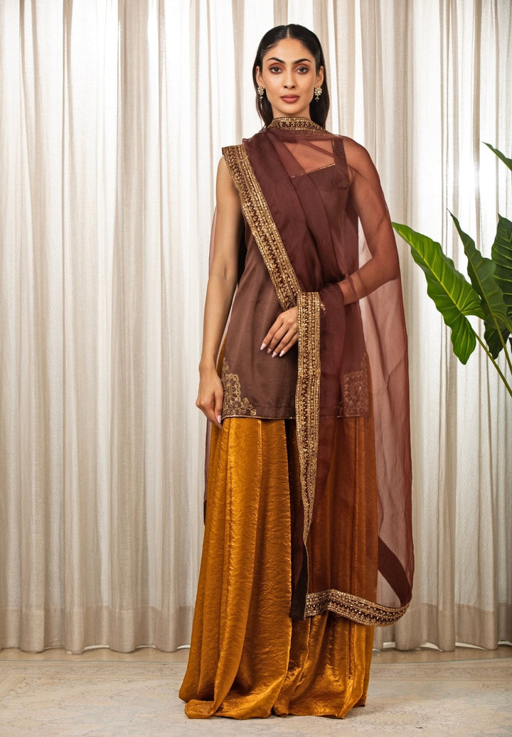 Brown Embroidered Satin Kurta Sharara Set Esha Koul - Fabilicious Fashion