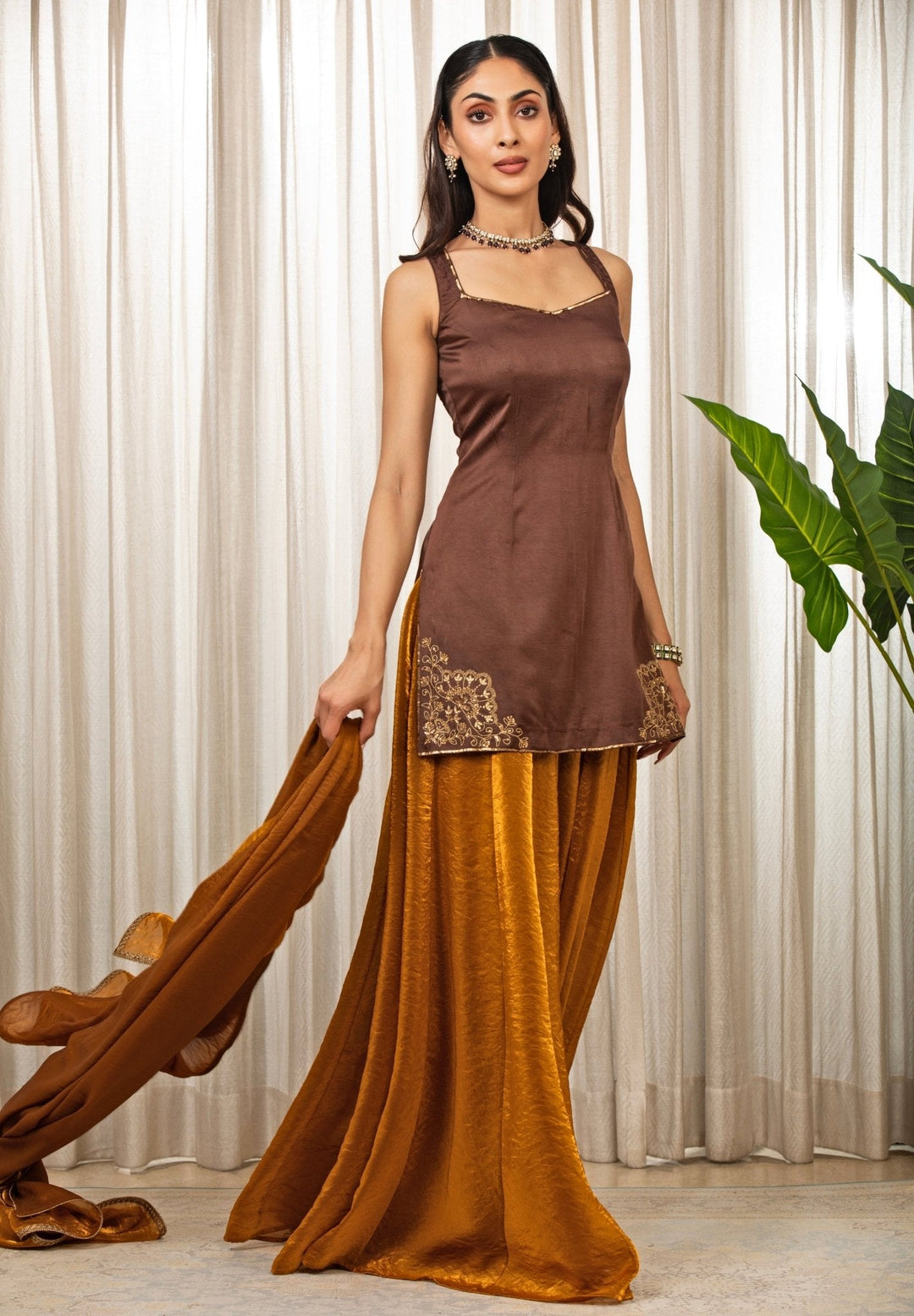 Brown Embroidered Satin Kurta Sharara Set Esha Koul - Fabilicious Fashion