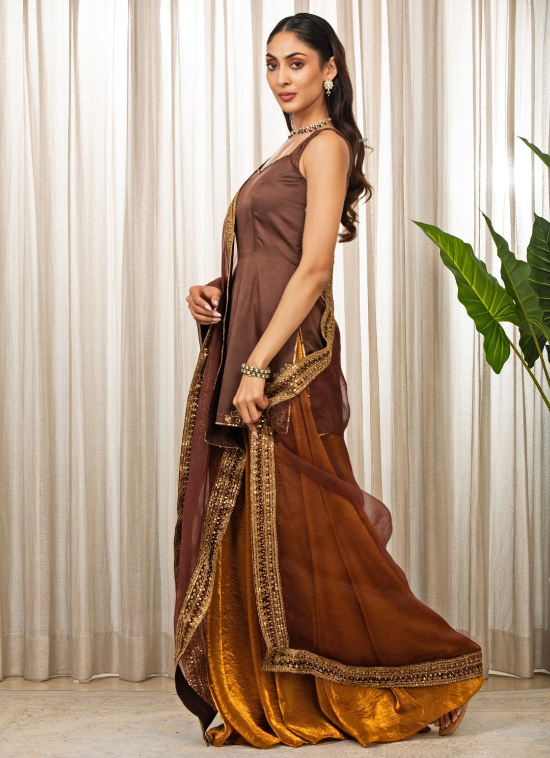Brown Embroidered Satin Kurta Sharara Set Esha Koul - Fabilicious Fashion