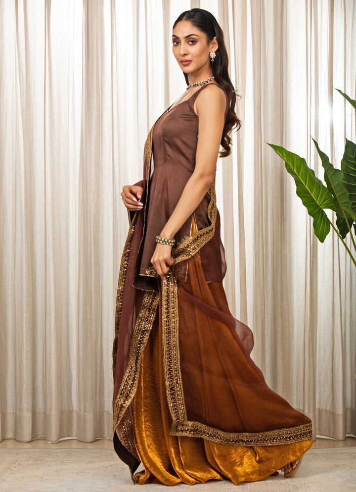 Brown Embroidered Satin Kurta Sharara Set Esha Koul - Fabilicious Fashion