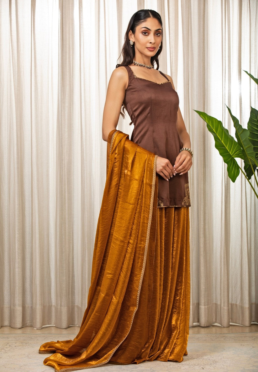 Brown Embroidered Satin Kurta Sharara Set Esha Koul - Fabilicious Fashion
