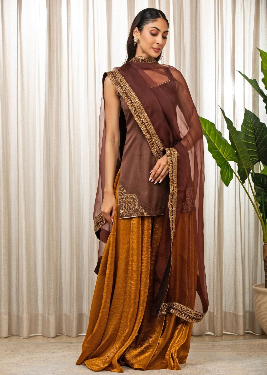 Brown Embroidered Satin Kurta Sharara Set Esha Koul - Fabilicious Fashion