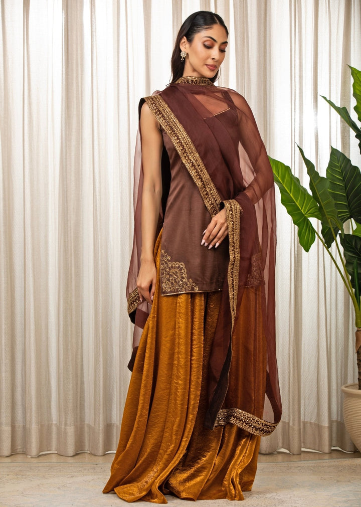 Brown Embroidered Satin Kurta Sharara Set Esha Koul - Fabilicious Fashion