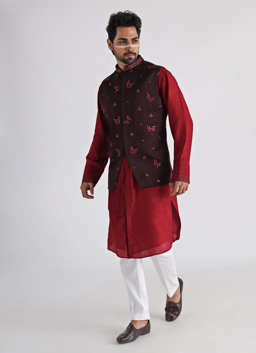 Brown Embroidered Satin Nehru Jacket Smriti - Fabilicious Fashion