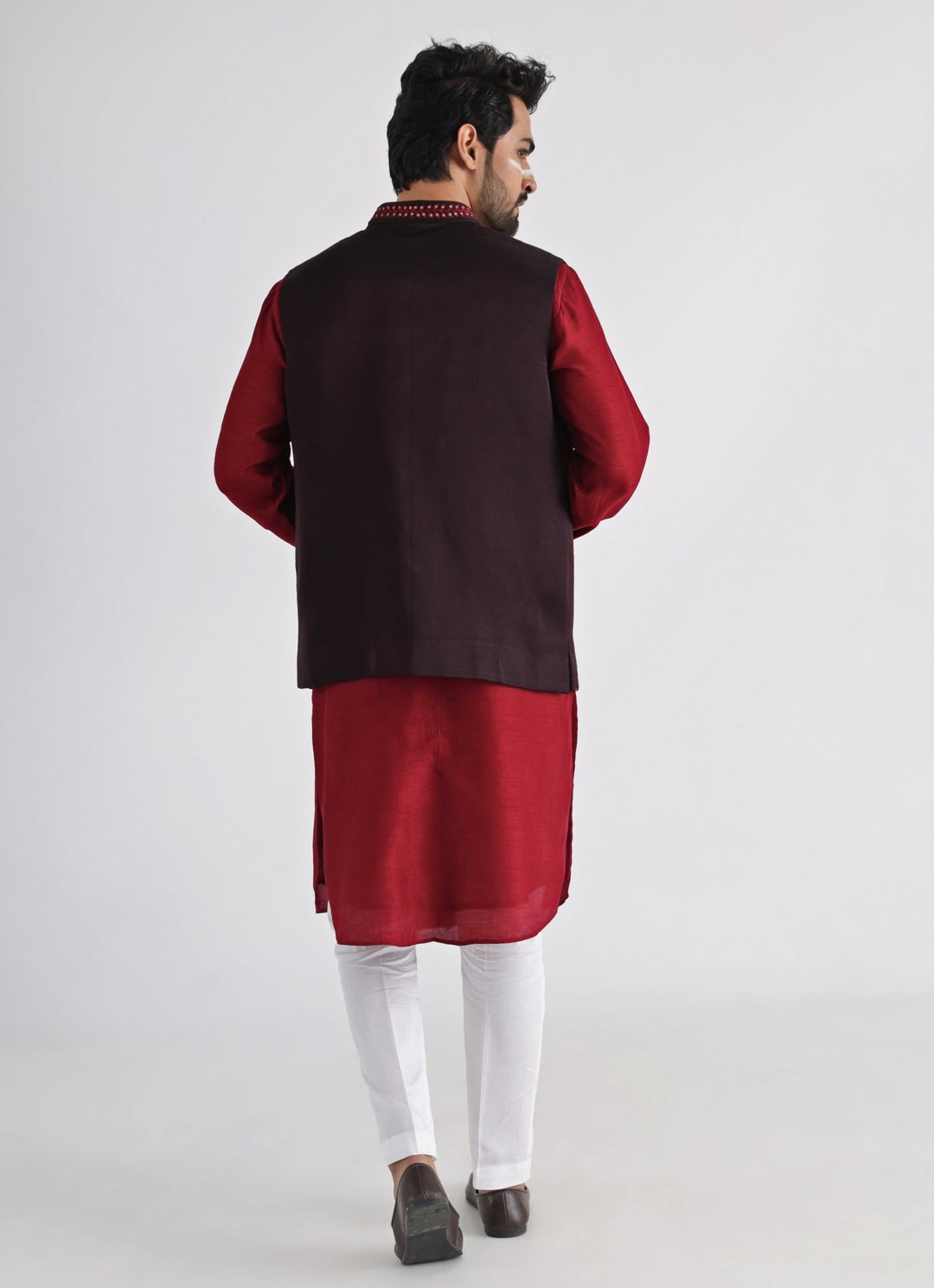Brown Embroidered Satin Nehru Jacket Smriti - Fabilicious Fashion