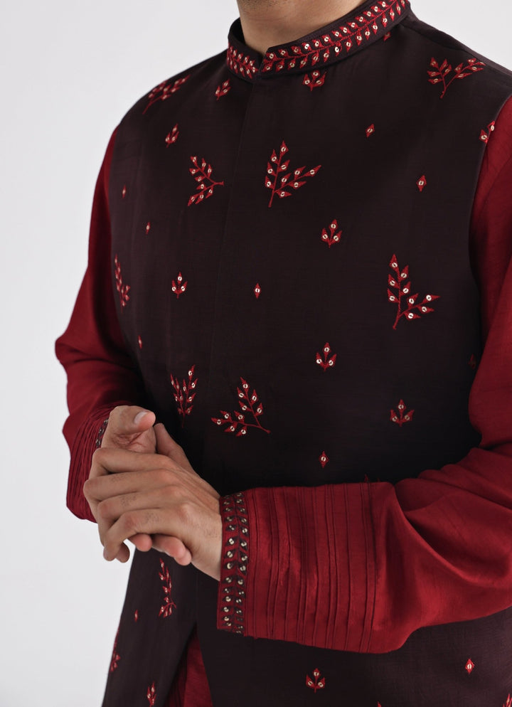 Brown Embroidered Satin Nehru Jacket Smriti - Fabilicious Fashion