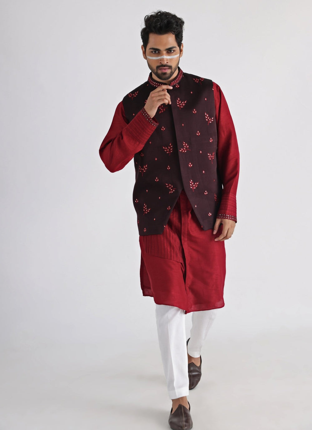 Brown Embroidered Satin Nehru Jacket Smriti - Fabilicious Fashion
