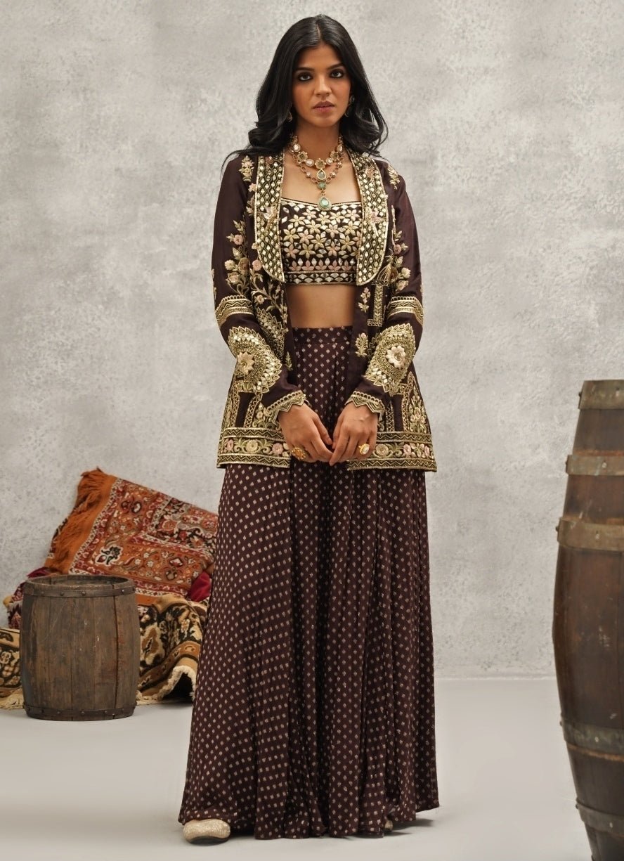 Brown Embroidered Silk Jacket Sharara Set Kapda Dori - Fabilicious Fashion