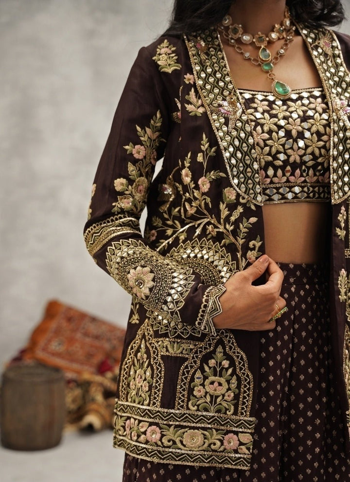 Brown Embroidered Silk Jacket Sharara Set Kapda Dori - Fabilicious Fashion