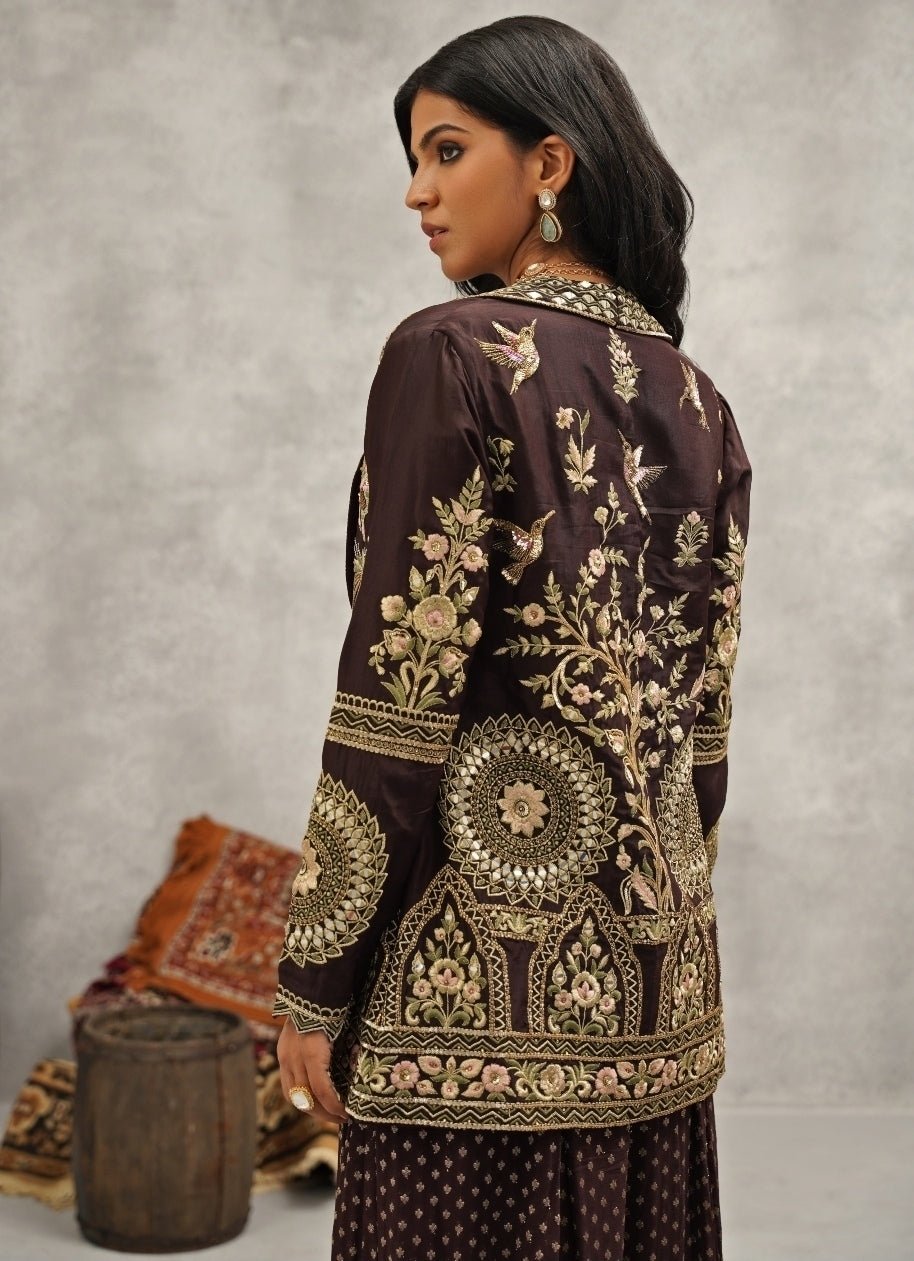 Brown Embroidered Silk Jacket Sharara Set Kapda Dori - Fabilicious Fashion
