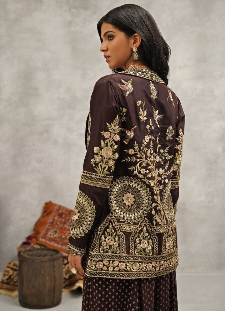 Brown Embroidered Silk Jacket Sharara Set Kapda Dori - Fabilicious Fashion