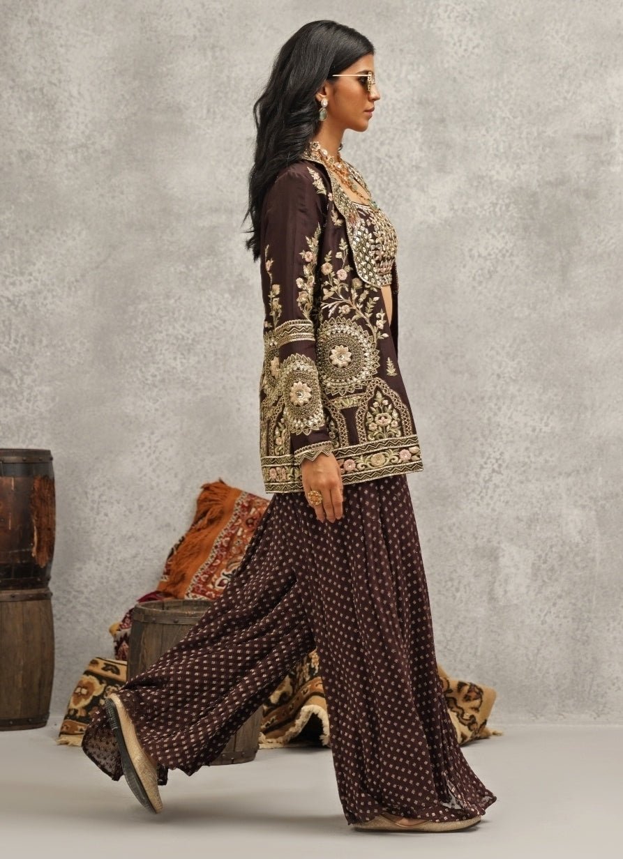 Brown Embroidered Silk Jacket Sharara Set Kapda Dori - Fabilicious Fashion