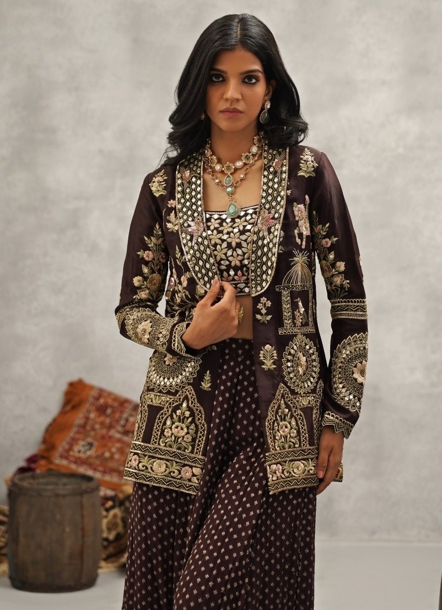 Brown Embroidered Silk Jacket Sharara Set Kapda Dori - Fabilicious Fashion