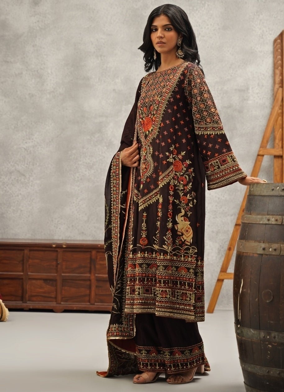 Brown Embroidered Silk Kurta Pant Set Kapda Dori - Fabilicious Fashion