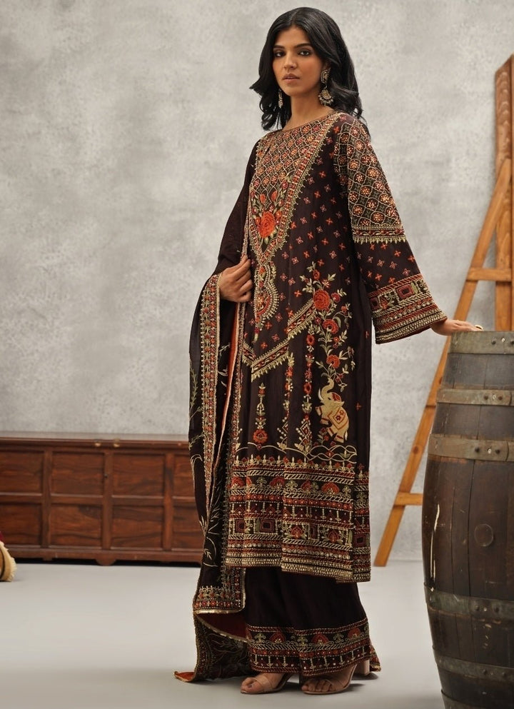 Brown Embroidered Silk Kurta Pant Set Kapda Dori - Fabilicious Fashion
