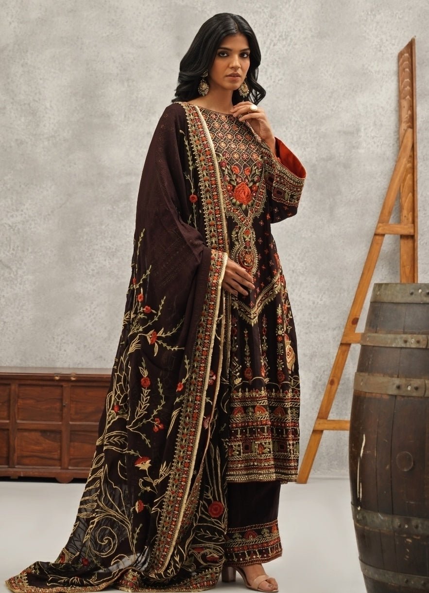 Brown Embroidered Silk Kurta Pant Set Kapda Dori - Fabilicious Fashion