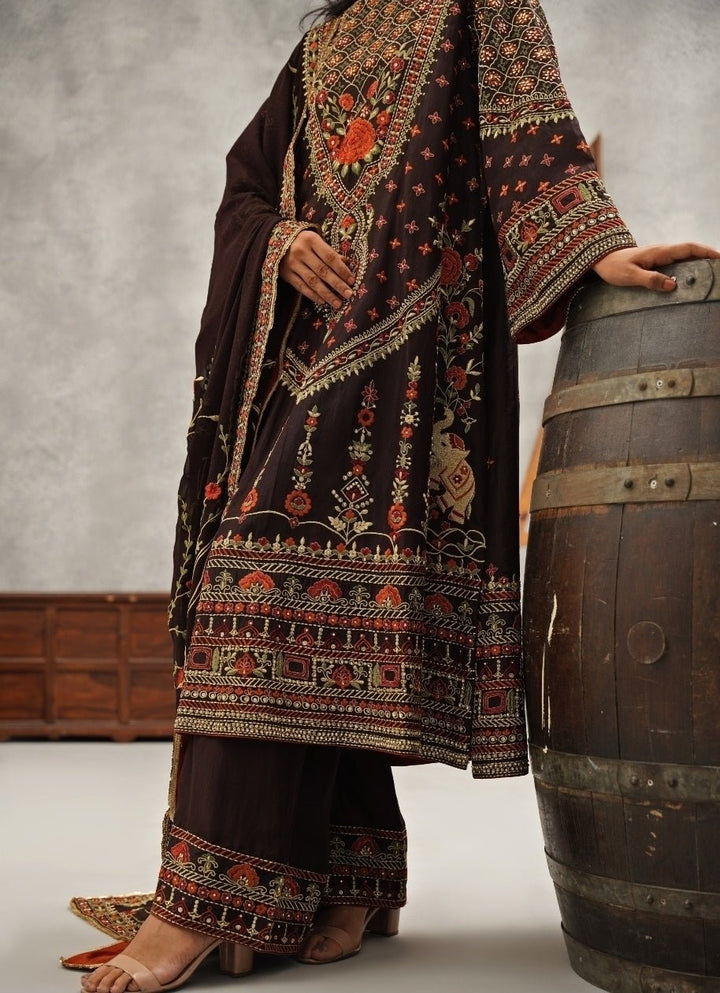 Brown Embroidered Silk Kurta Pant Set Kapda Dori - Fabilicious Fashion