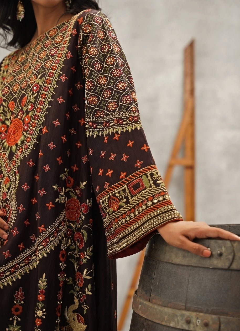 Brown Embroidered Silk Kurta Pant Set Kapda Dori - Fabilicious Fashion