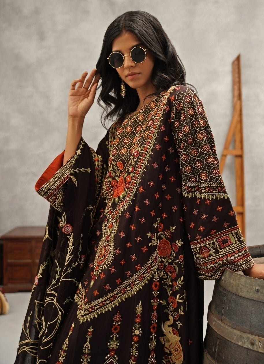 Brown Embroidered Silk Kurta Pant Set Kapda Dori - Fabilicious Fashion