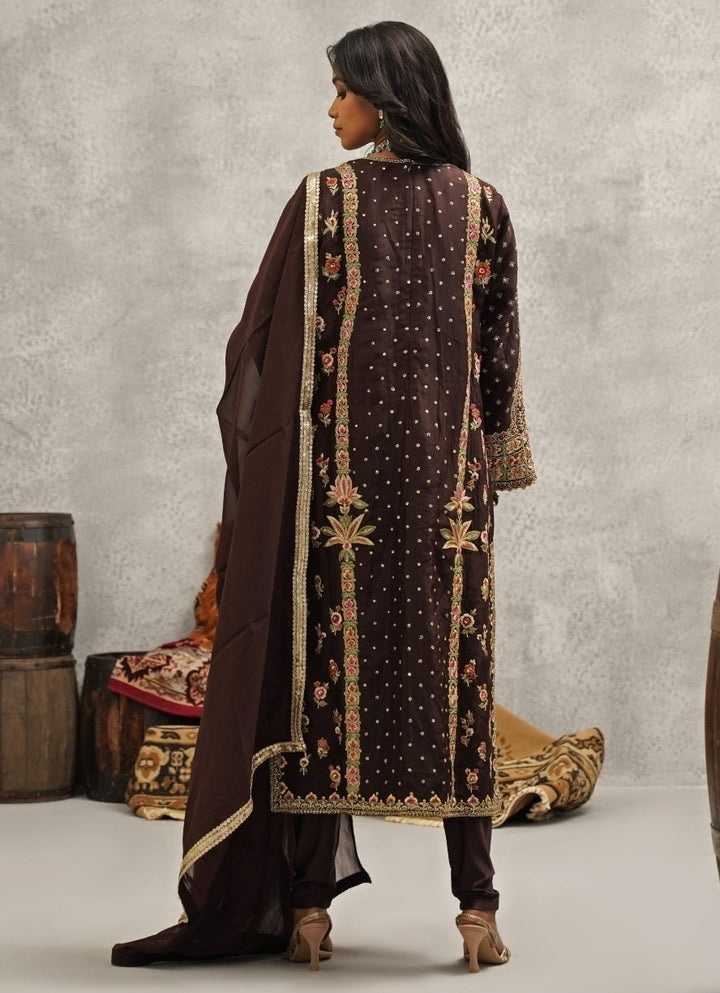 Brown Embroidered Silk Kurta Set Kapda Dori - Fabilicious Fashion