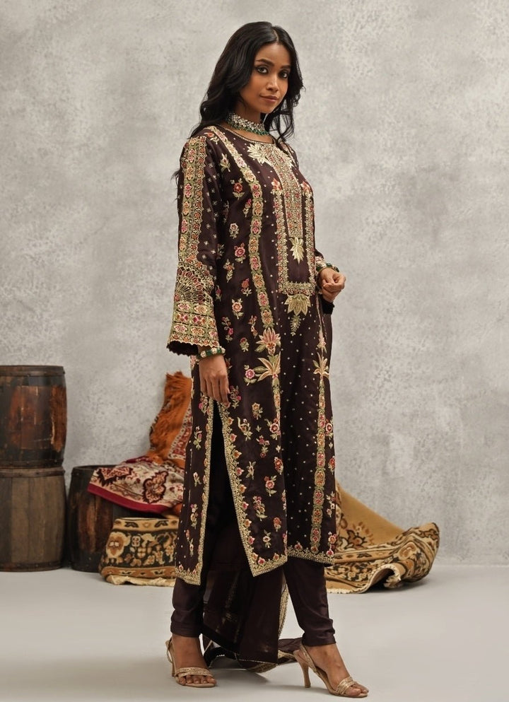 Brown Embroidered Silk Kurta Set Kapda Dori - Fabilicious Fashion