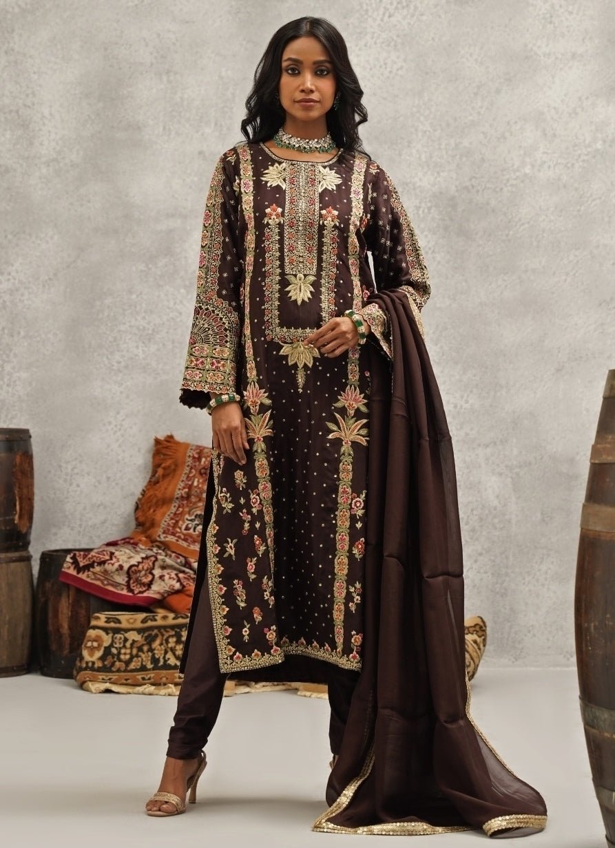 Brown Embroidered Silk Kurta Set Kapda Dori - Fabilicious Fashion